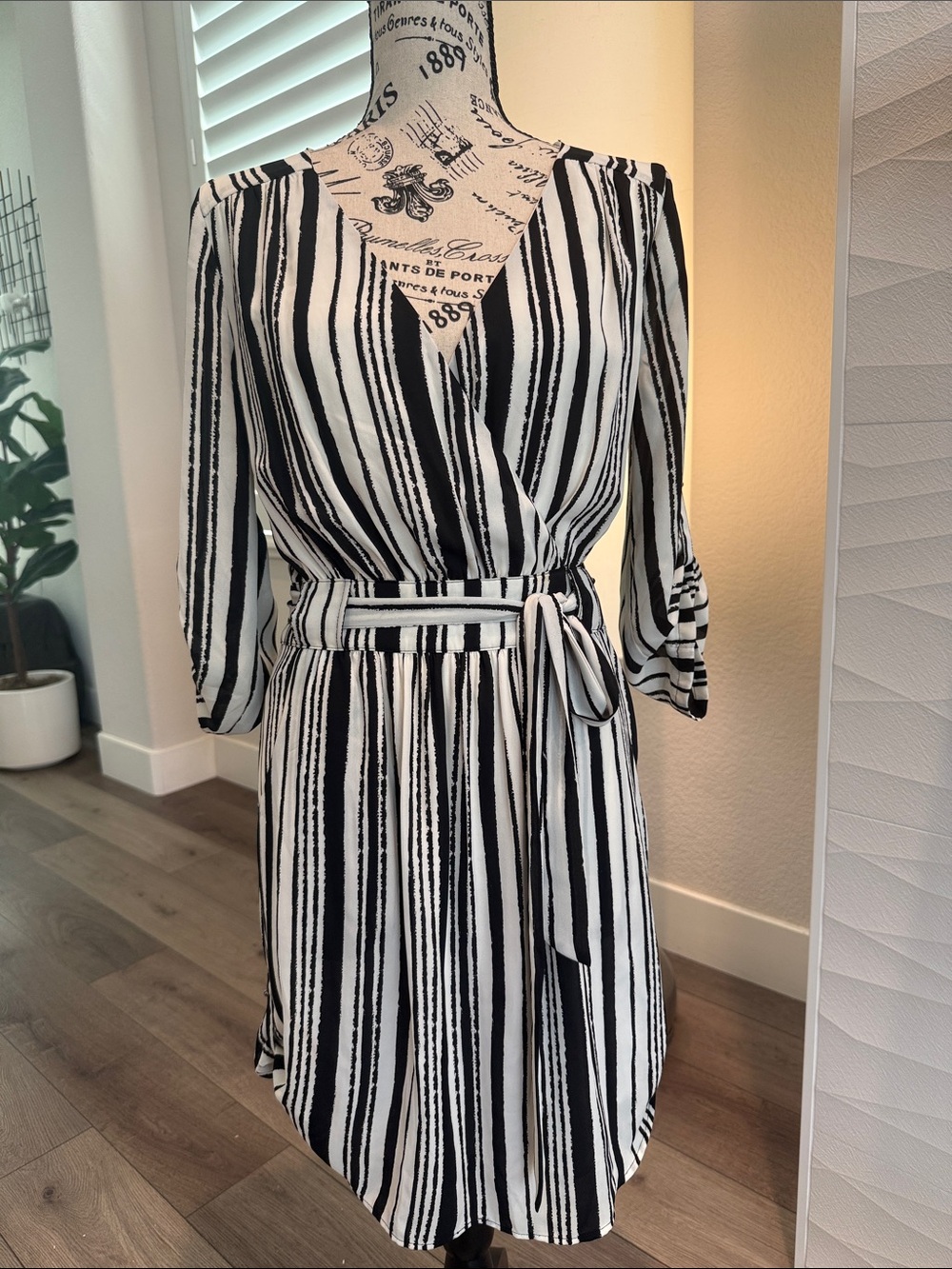 DR2 Black and White Striped Wrap Midi Dress